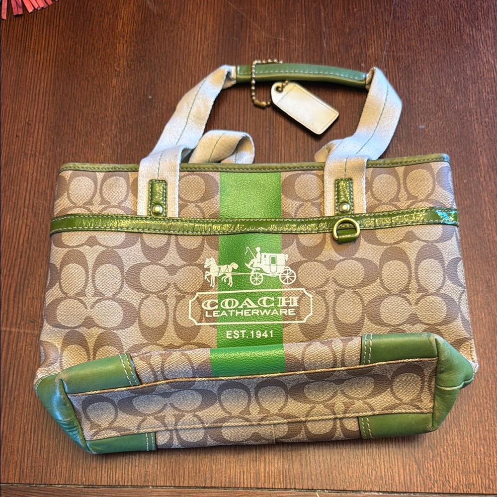 Coach Heritage Stripe Green Khaki Tote Bag